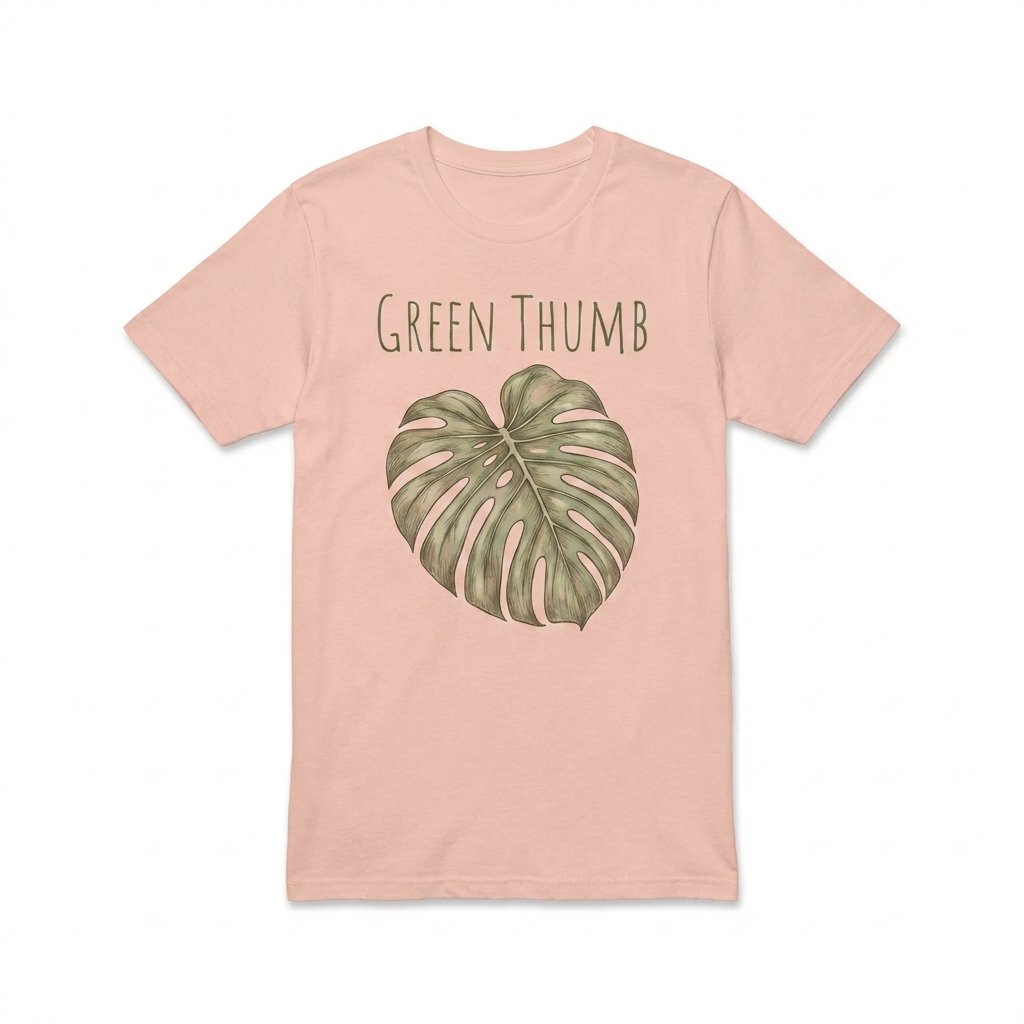 Custom Men's Fitted T-Shirt design direction 2: Bold Graphic Illustration featuring the GREEN THUMB wordmark