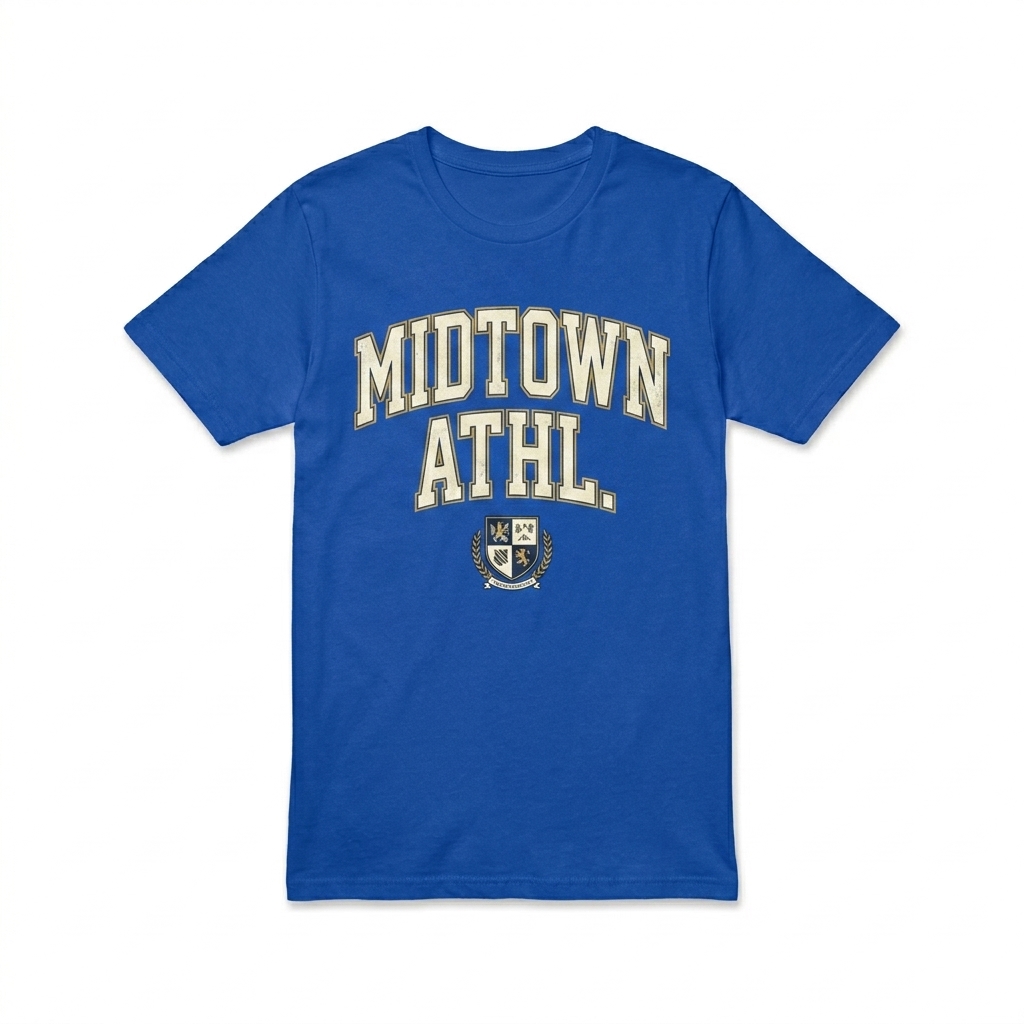 Custom Men's Fitted T-Shirt design direction 3: Retro Collegiate Emblem featuring the MIDTOWN ATHL. wordmark