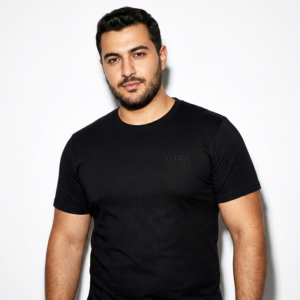 Men's Fitted T-Shirt worn by a curvy Turkish male fashion influencer, downtown streetwear styling, studio lookbook — custom men's fitted t-shirt