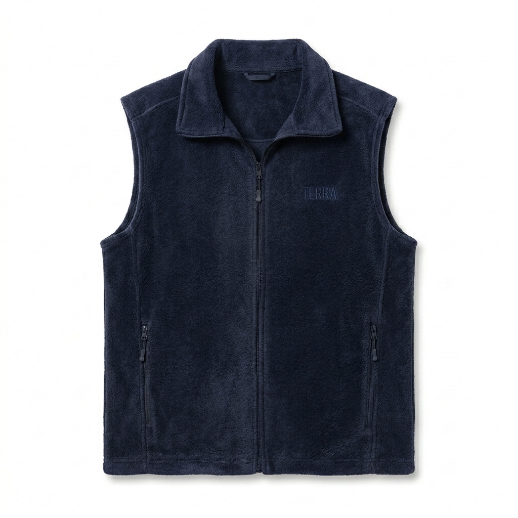 Custom Men's Fleece Vest design direction 1: Tonal Chest Wordmark featuring the TERRA wordmark