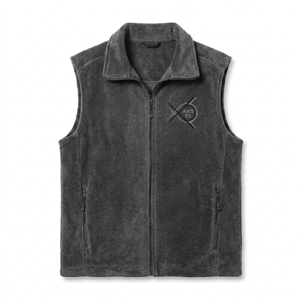 Custom Men's Fleece Vest design direction 2: Abstract Geometric Emblem featuring the AXIS 02 wordmark