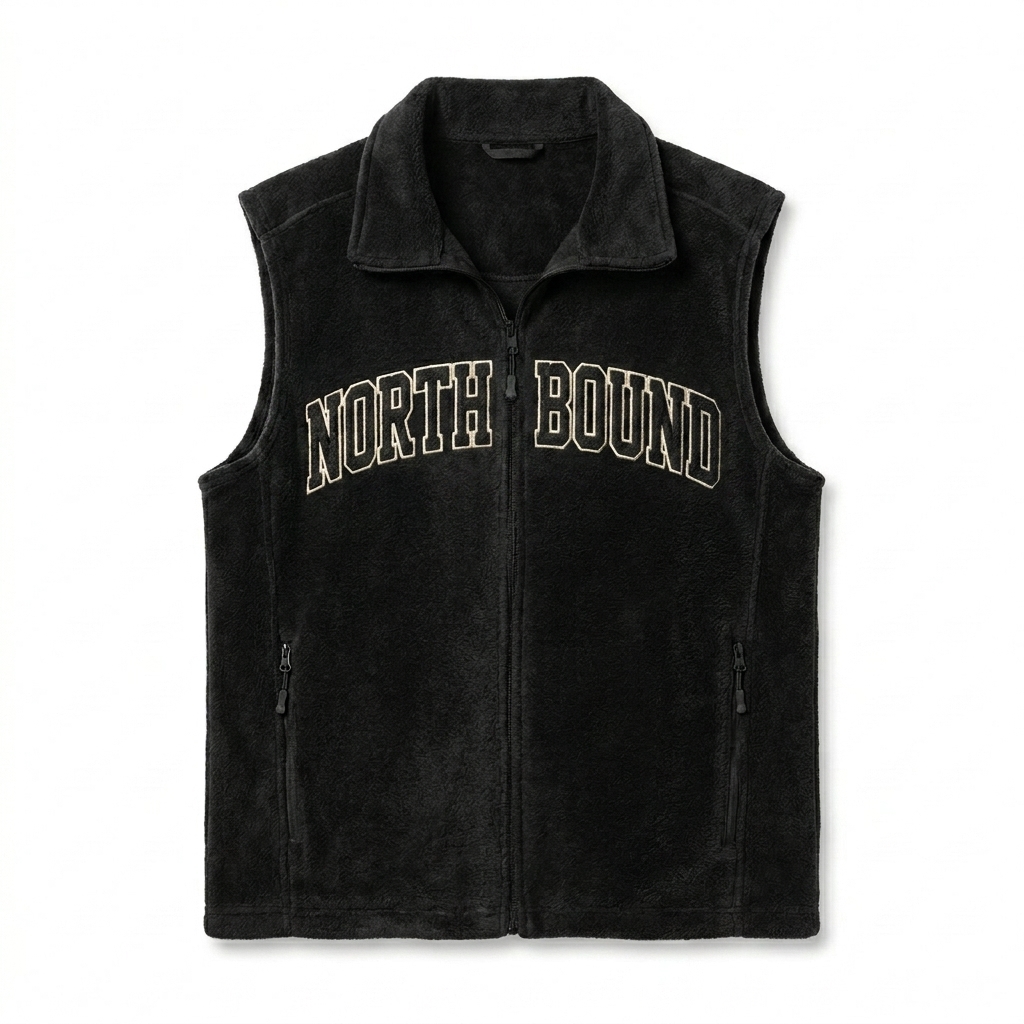 Custom Men's Fleece Vest design direction 3: Varsity Lettering featuring the NORTH BOUND wordmark