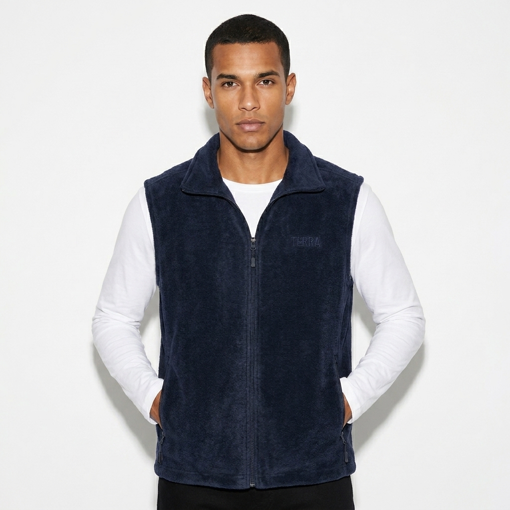 Men's Fleece Vest worn by a lean Brazilian male fashion influencer, y2k revival styling, studio lookbook — custom men's fleece vest