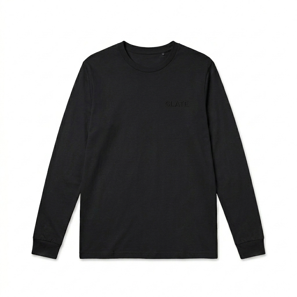 Custom Fitted Long Sleeve Shirt design direction 1: Tonal Minimalist Wordmark featuring the SLATE wordmark
