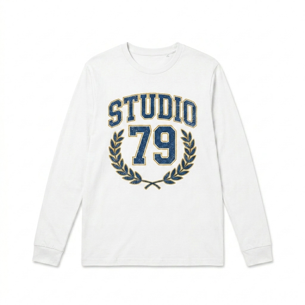 Custom Fitted Long Sleeve Shirt design direction 3: Retro Collegiate Emblem featuring the STUDIO 79 wordmark