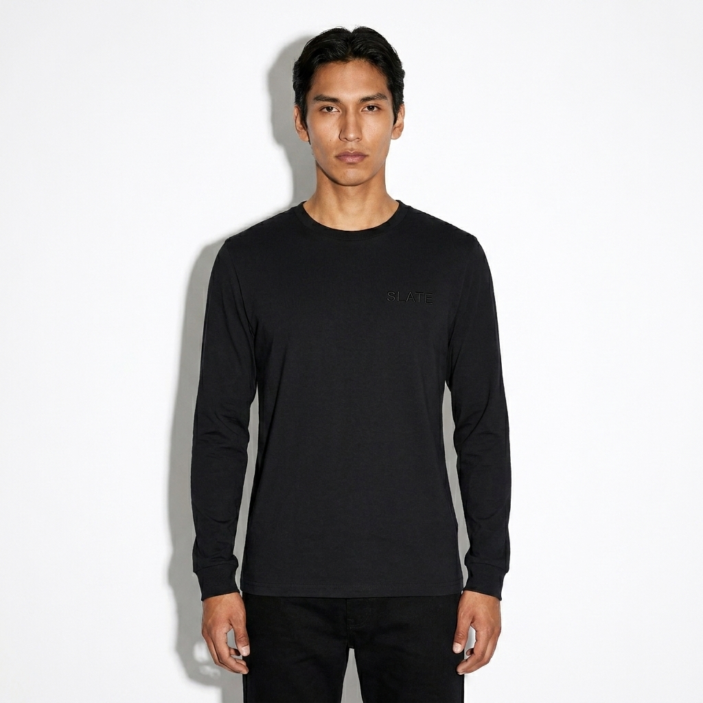 Fitted Long Sleeve Shirt worn by a slim tall Indigenous American male fashion influencer, gorpcore outdoor styling, studio lookbook — custom fitted long sleeve shirt