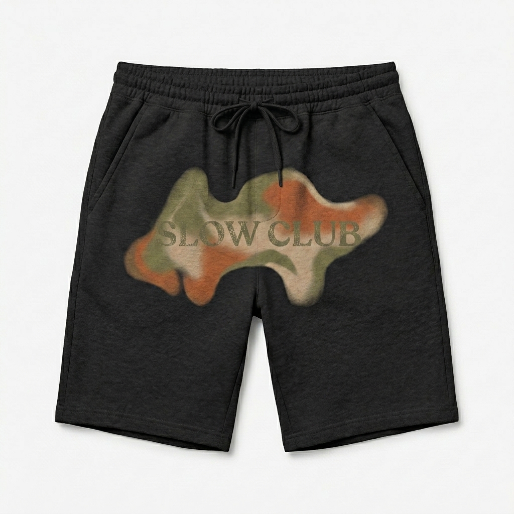 Custom Men's Fleece Shorts design direction 2: Bold Abstract Graphic featuring the SLOW CLUB wordmark