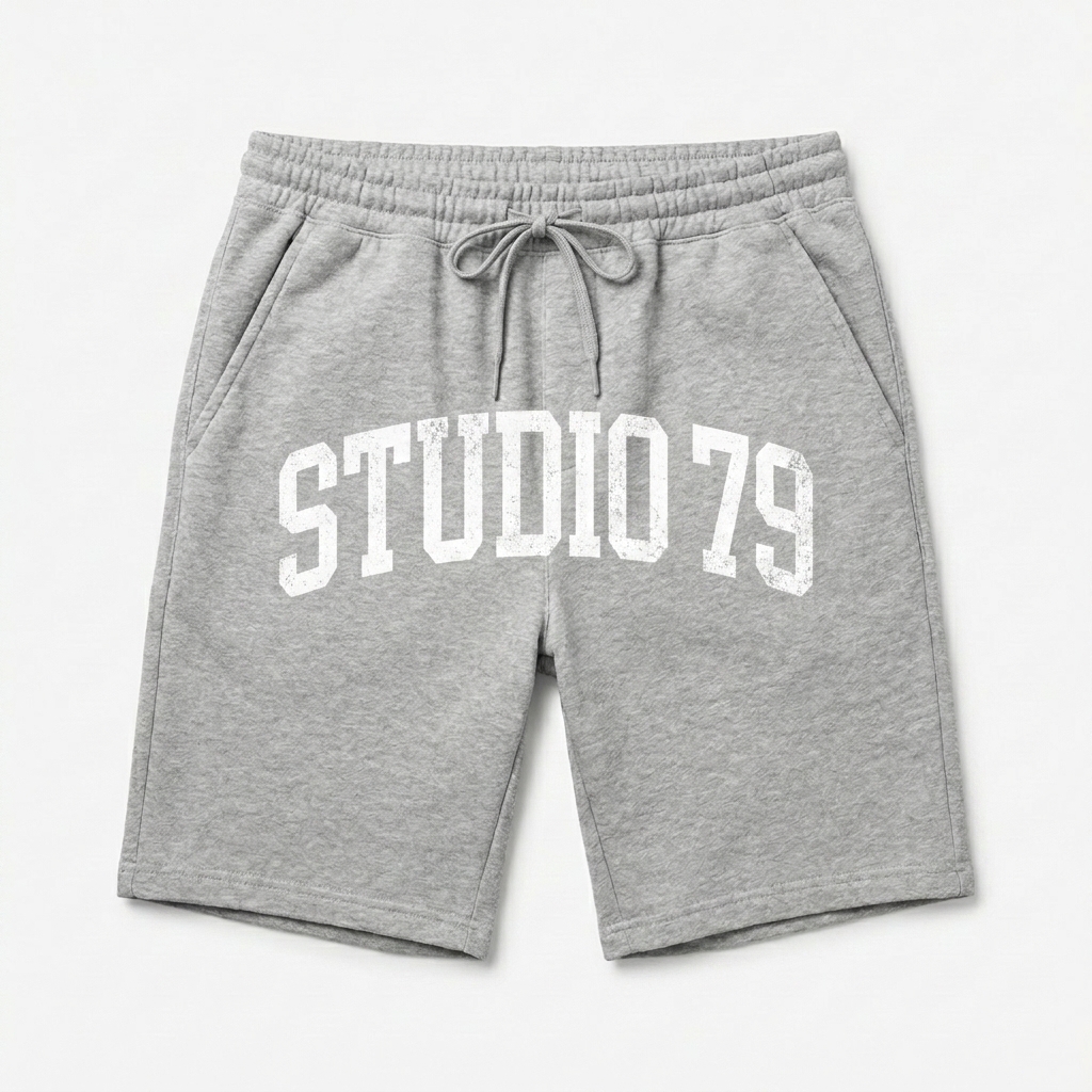 Custom Men's Fleece Shorts design direction 3: Retro Collegiate Emblem featuring the STUDIO 79 wordmark