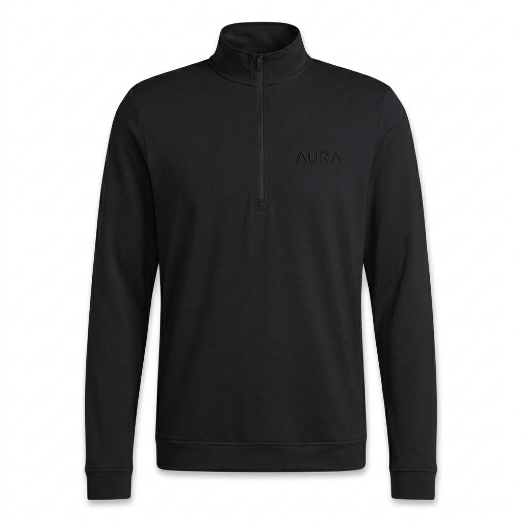 Custom Men's Performance Quarter-Zip Pullover design direction 1: Tonal Minimalist Wordmark featuring the AURA wordmark