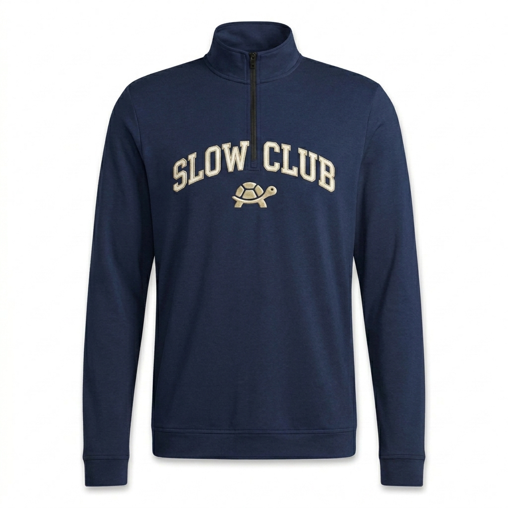 Custom Men's Performance Quarter-Zip Pullover design direction 2: Retro Collegiate Emblem featuring the SLOW CLUB wordmark