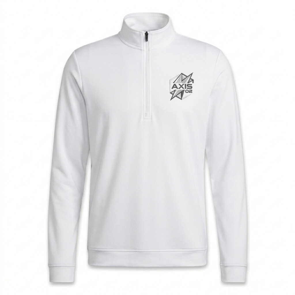 Custom Men's Performance Quarter-Zip Pullover design direction 3: Abstract Geometric Badge featuring the AXIS 02 wordmark