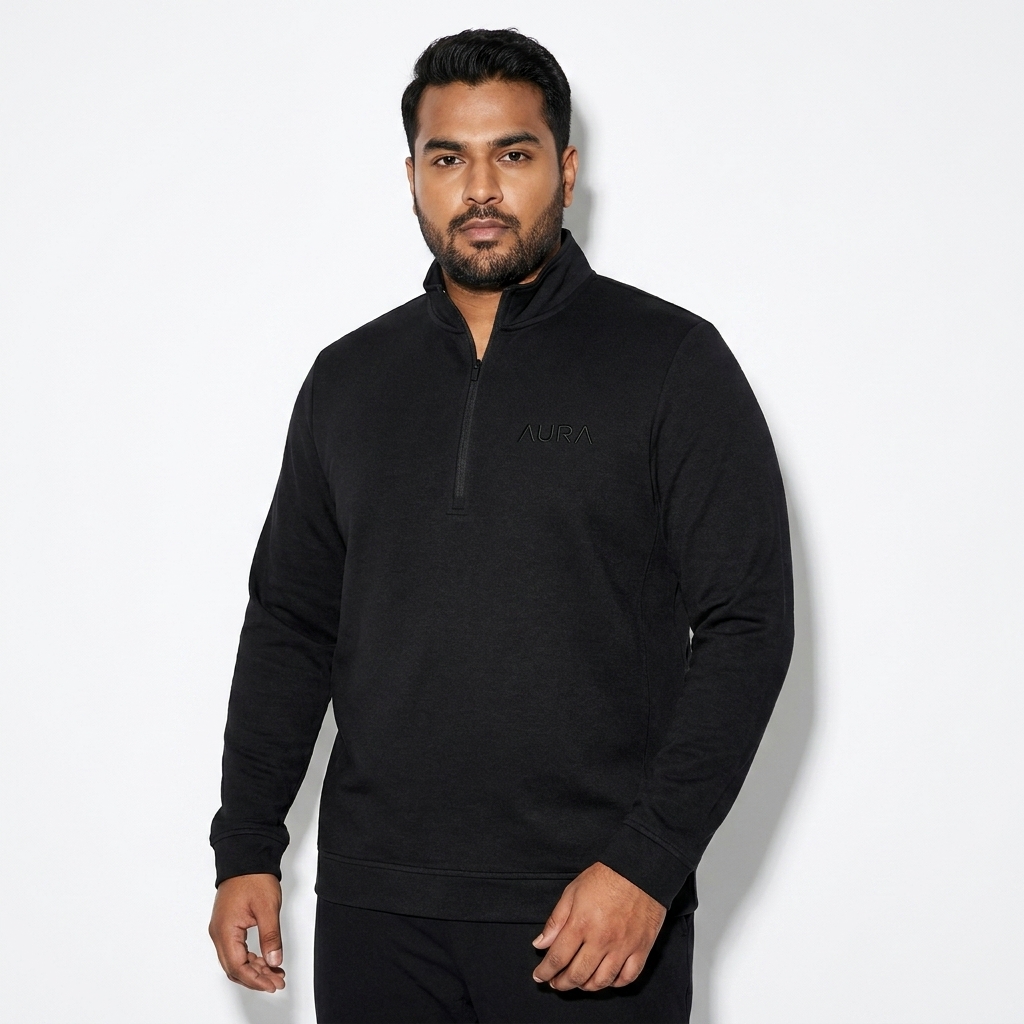 Men's Performance Quarter-Zip Pullover worn by a curvy Indian male fashion influencer, editorial avant-garde styling, studio lookbook — custom men's performance quarter-zip pullover