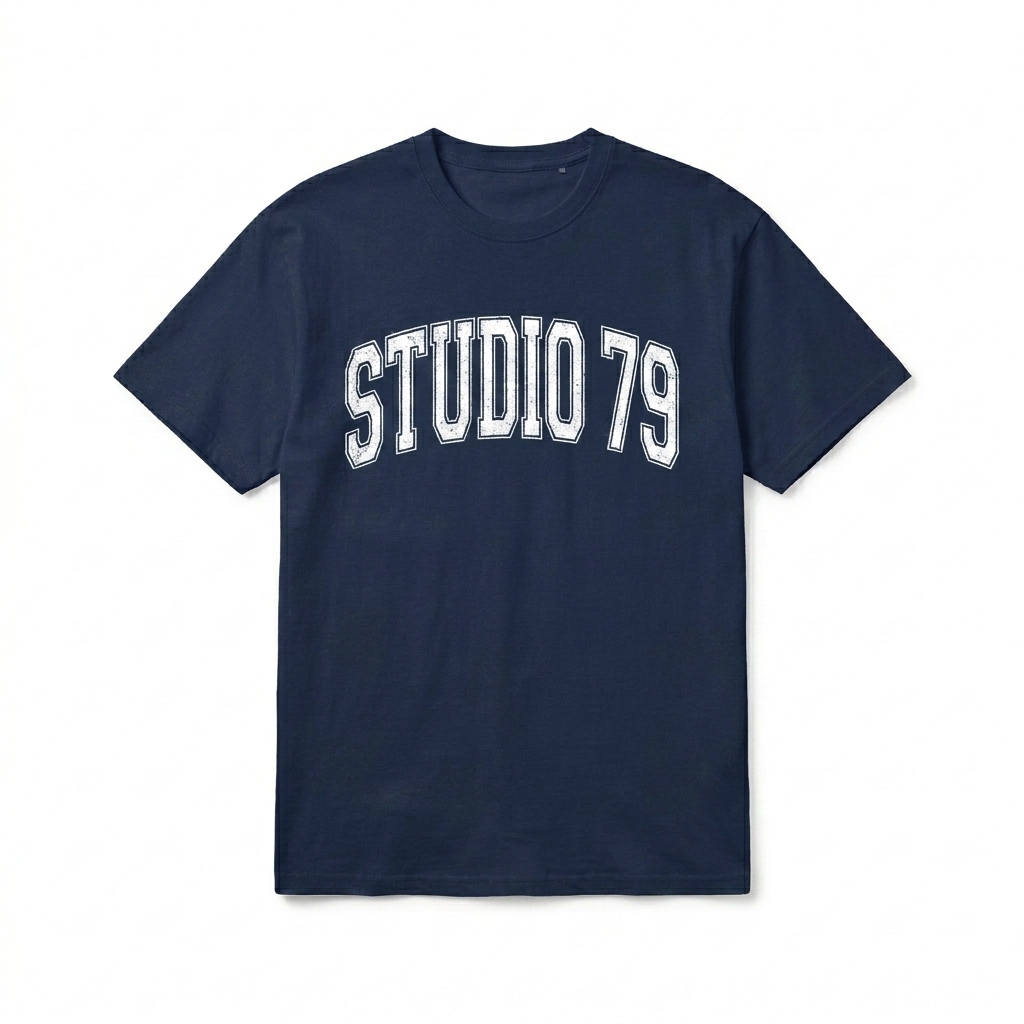 Custom Men's Premium Short Sleeve Tee design direction 3: Retro Collegiate Emblem featuring the STUDIO 79 wordmark