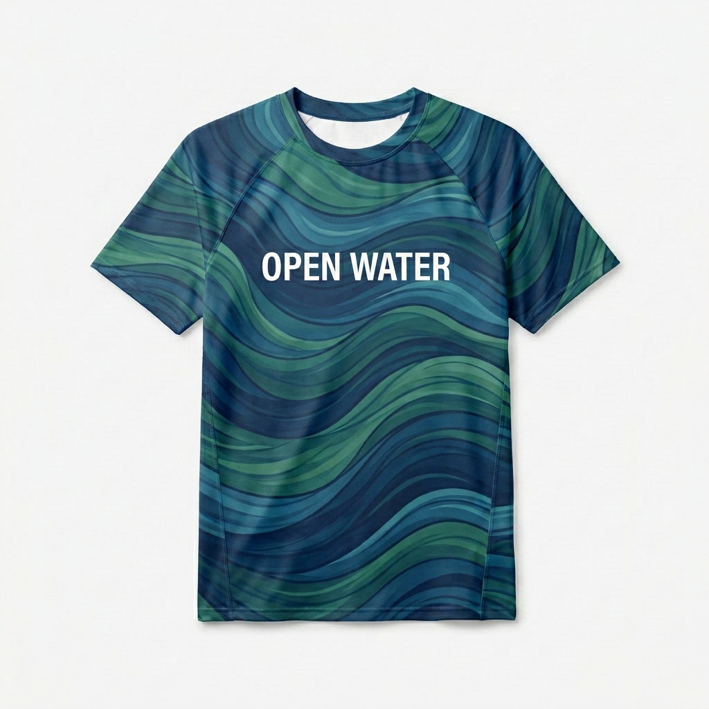 Custom Men's Recycled All-Over Print Rash Guard design direction 1: Abstract Wave Flow featuring the OPEN WATER wordmark