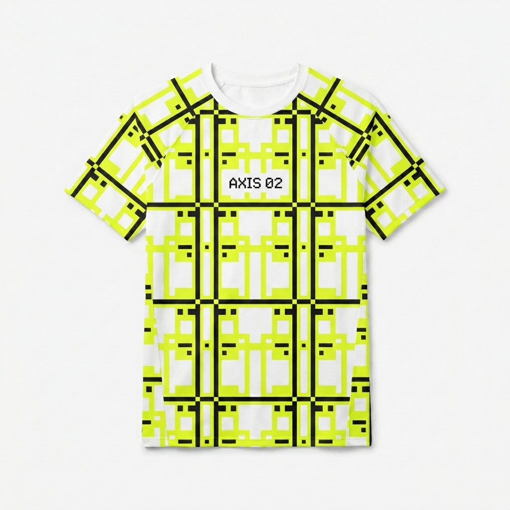 Custom Men's Recycled All-Over Print Rash Guard design direction 2: Pixelated Grid featuring the AXIS 02 wordmark