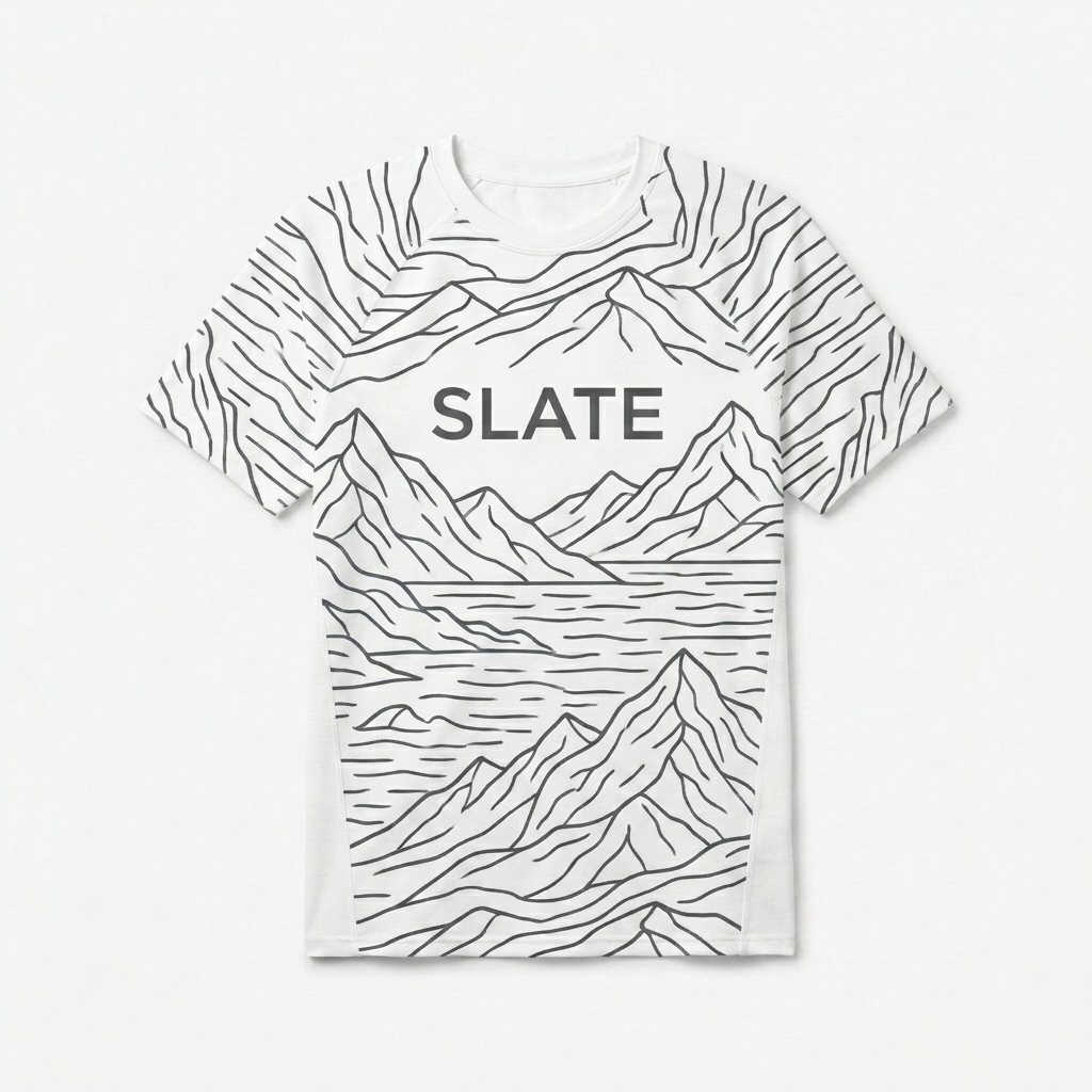 Custom Men's Recycled All-Over Print Rash Guard design direction 3: Minimal Line Landscape featuring the SLATE wordmark