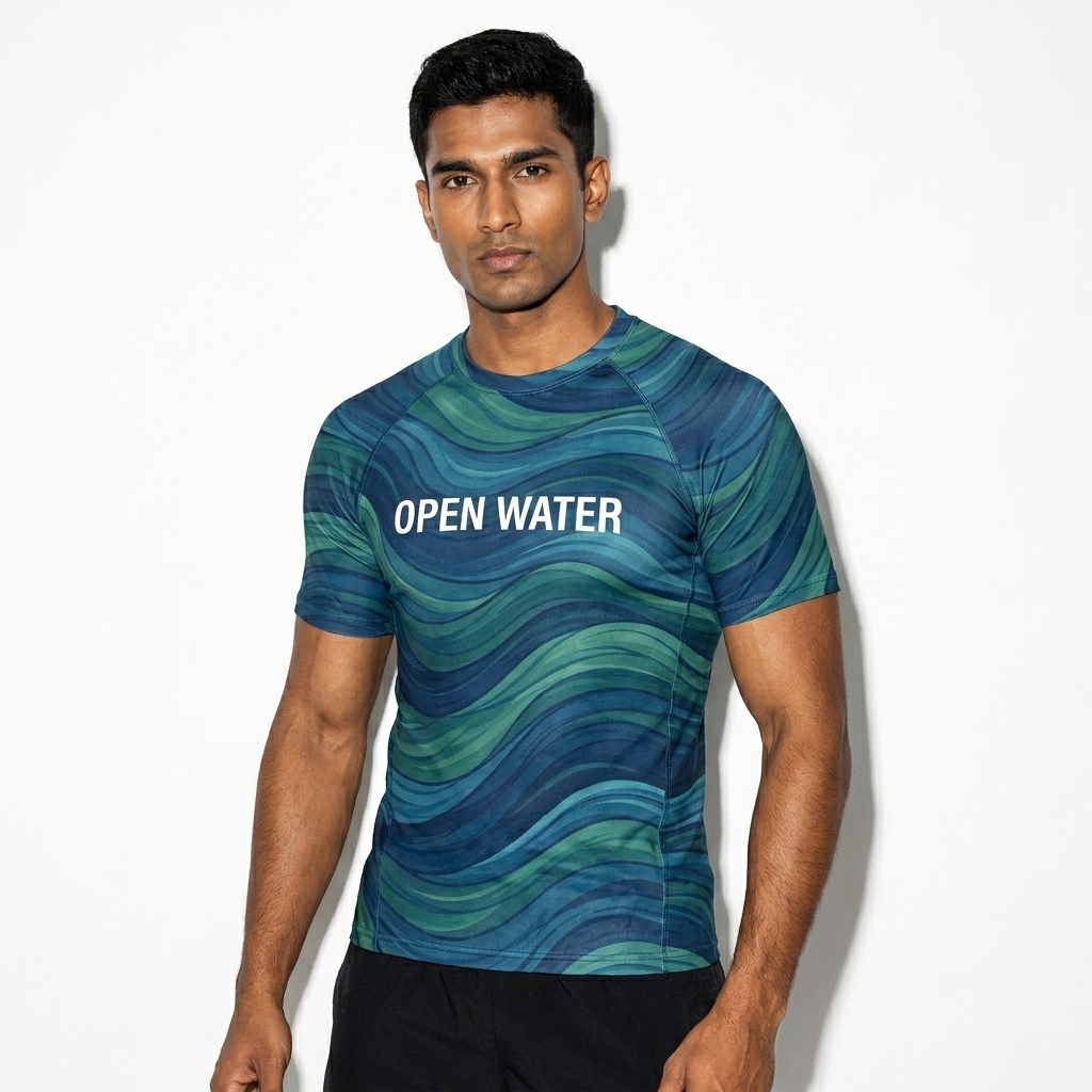 Men's Recycled All-Over Print Rash Guard worn by a toned Indian male fashion influencer, editorial avant-garde styling, studio lookbook — custom men's recycled all-over print rash guard