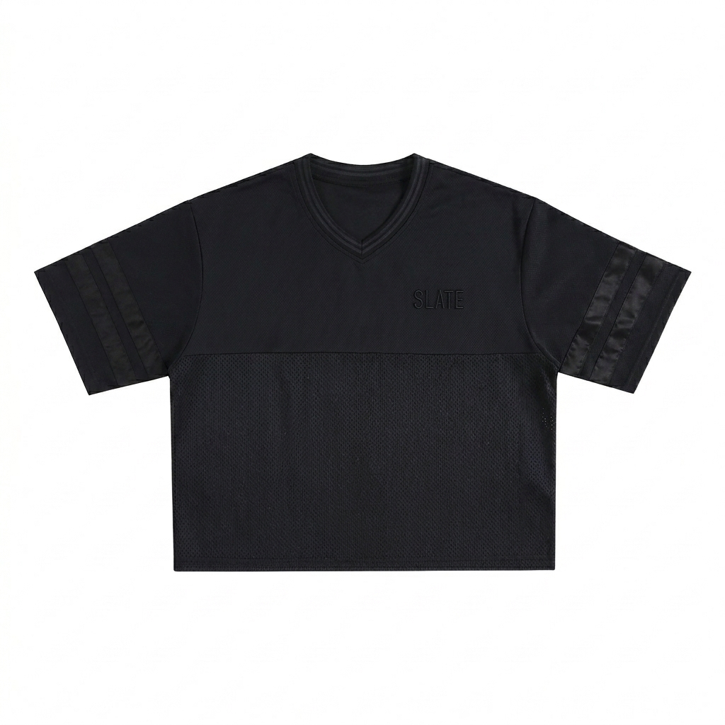 Custom Mesh Boxy T-Shirt design direction 1: Tonal Left Chest Wordmark featuring the SLATE wordmark