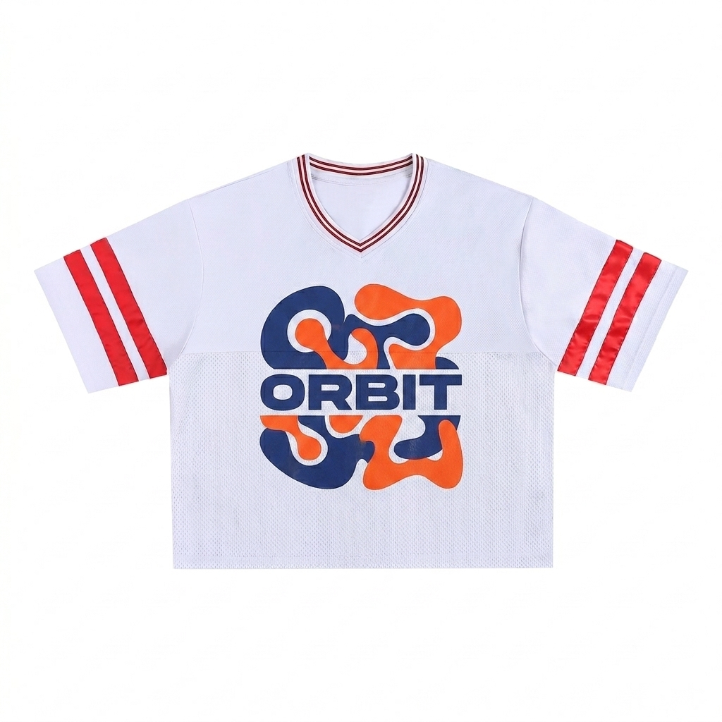 Custom Mesh Boxy T-Shirt design direction 2: Bold Abstract Graphic featuring the ORBIT wordmark