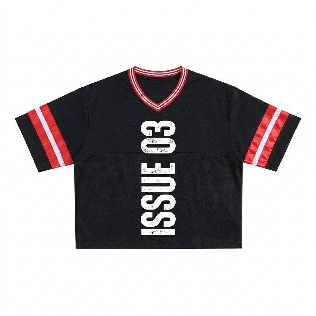 Custom Mesh Boxy T-Shirt design direction 3: Vertical Typography Experiment featuring the ISSUE 03 wordmark