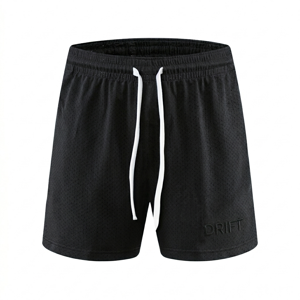 Custom Mesh Drawstring Shorts design direction 1: Tonal Minimalist Wordmark featuring the DRIFT wordmark