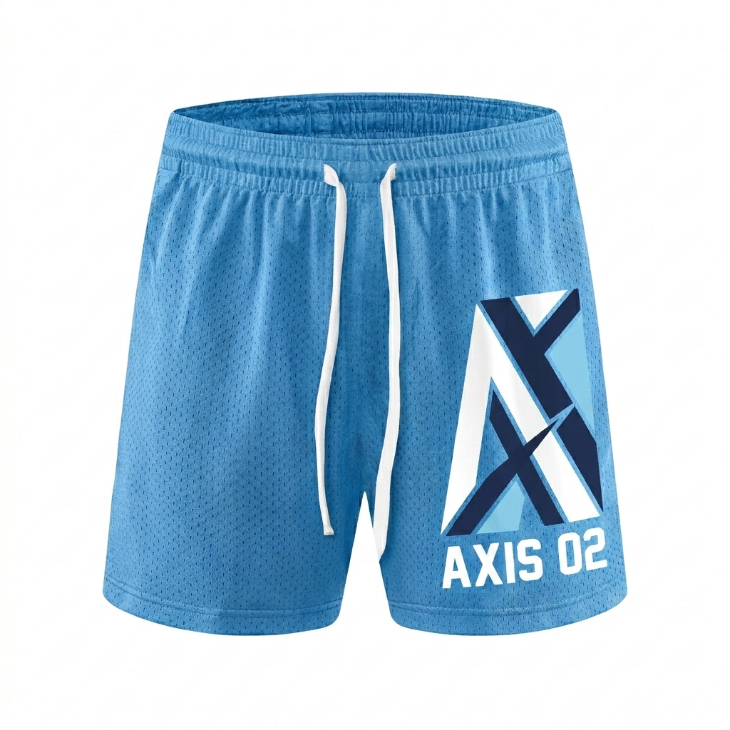 Custom Mesh Drawstring Shorts design direction 2: Bold Abstract Graphic featuring the AXIS 02 wordmark