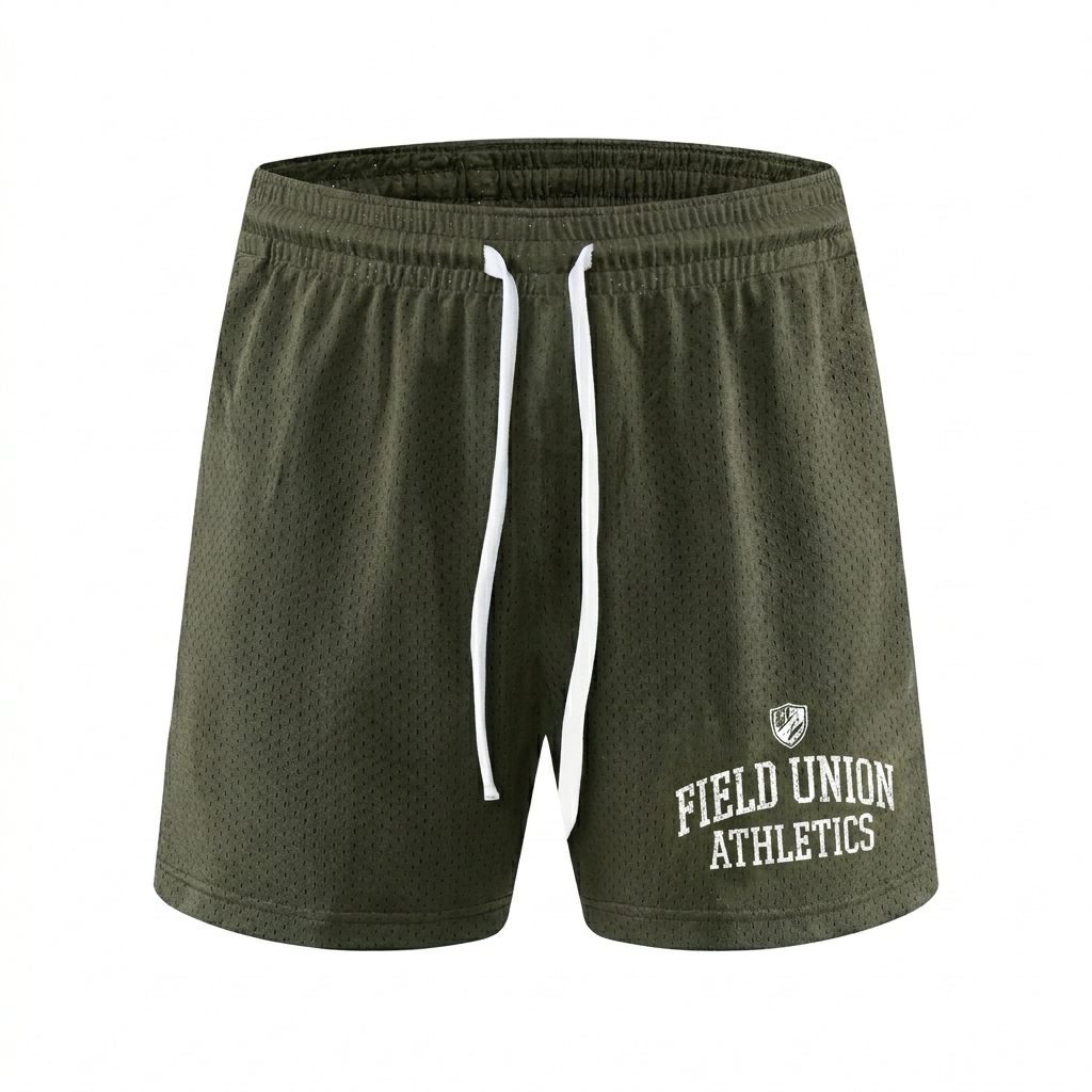 Custom Mesh Drawstring Shorts design direction 3: Retro Collegiate Emblem featuring the FIELD UNION wordmark