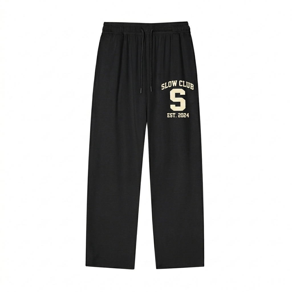 Custom Mesh-Lined Athletic Pants design direction 3: Varsity Athletic Emblem featuring the SLOW CLUB wordmark