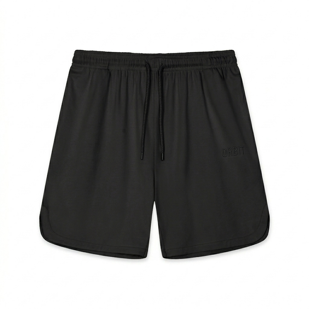 Custom Mesh-Lined Performance Shorts design direction 1: Tonal Minimalist Wordmark featuring the ORBIT wordmark