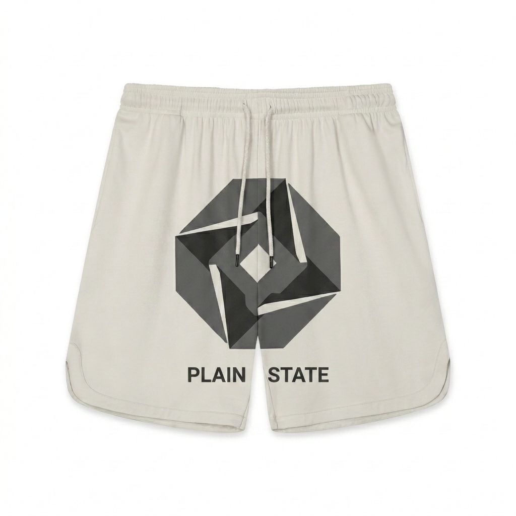 Custom Mesh-Lined Performance Shorts design direction 2: Bold Abstract Graphic featuring the PLAIN STATE wordmark