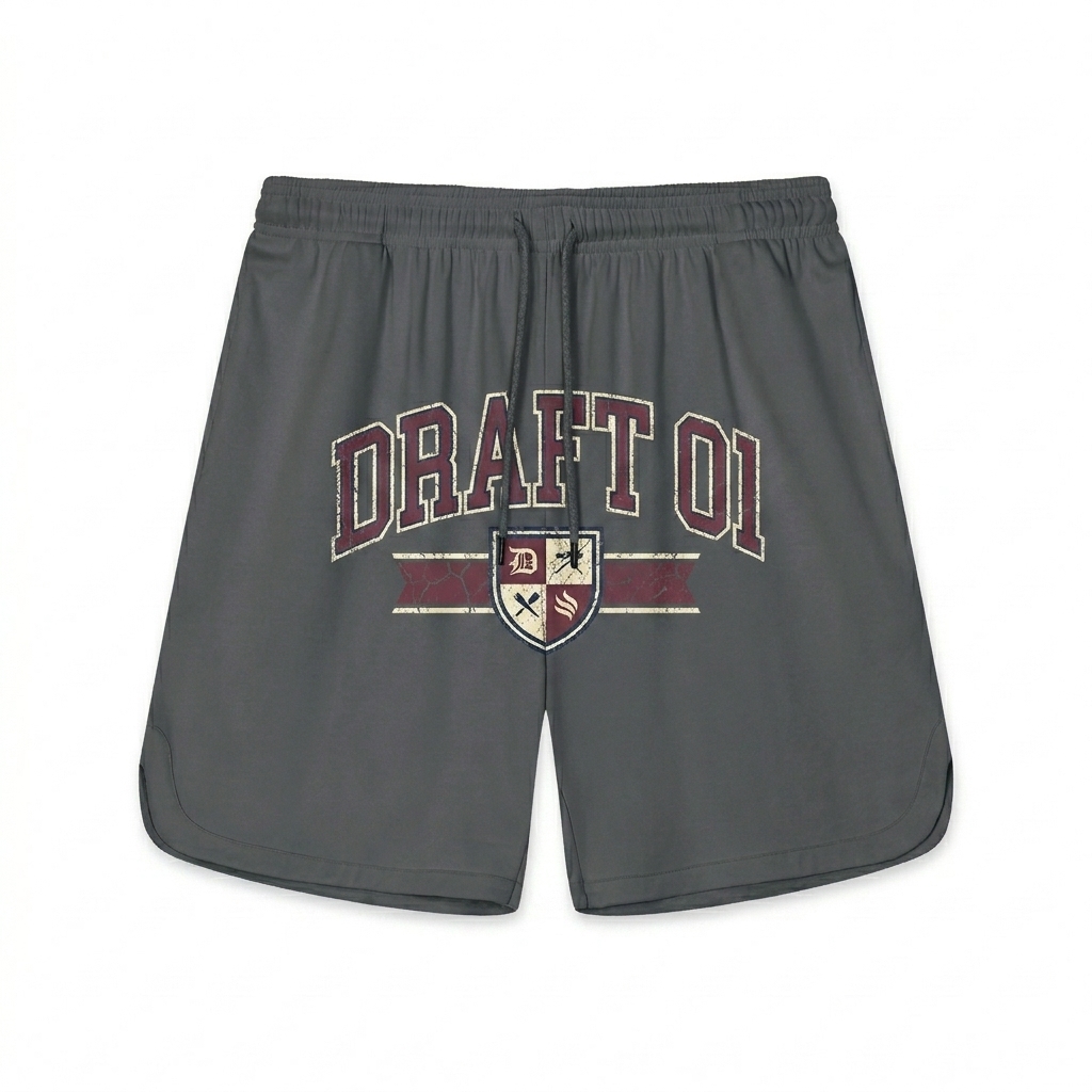 Custom Mesh-Lined Performance Shorts design direction 3: Retro Collegiate Emblem featuring the DRAFT 01 wordmark
