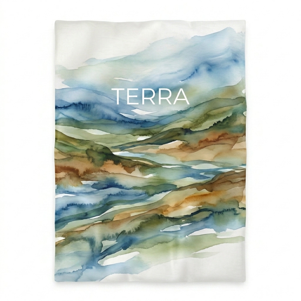 Custom Microfiber Duvet Cover design direction 1: Abstract Landscape Print featuring the TERRA wordmark