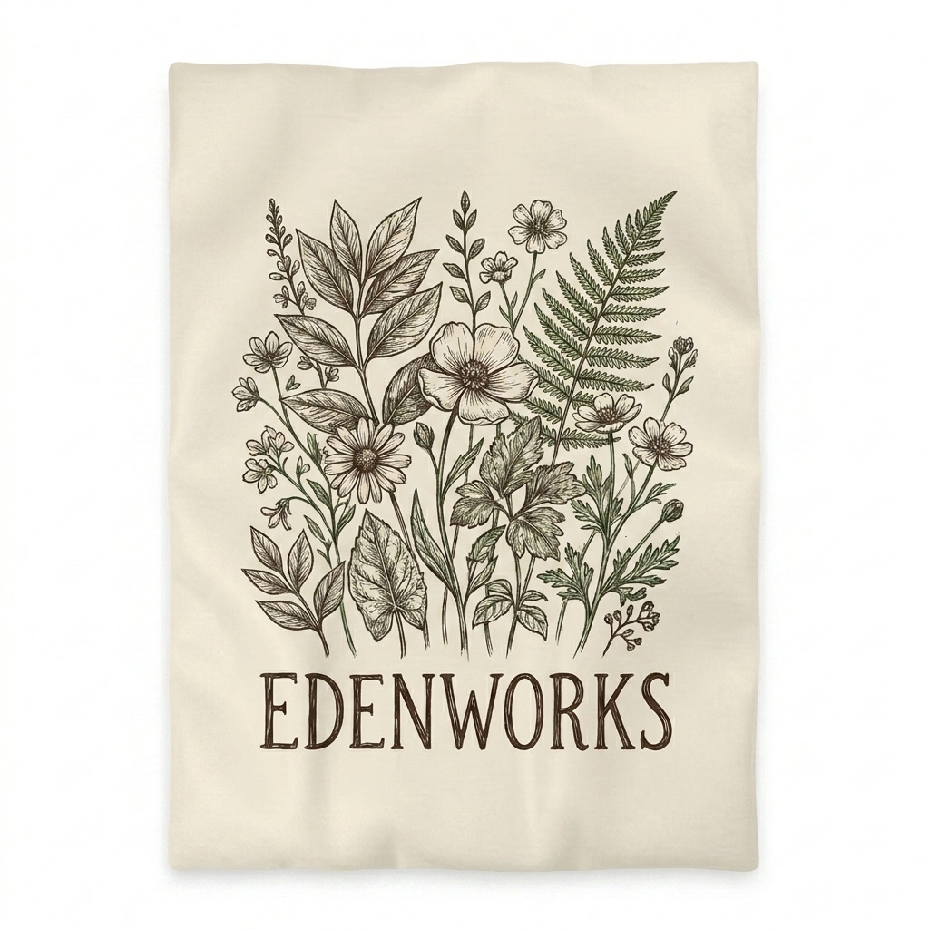 Custom Microfiber Duvet Cover design direction 2: Botanical Illustration featuring the EDENWORKS wordmark