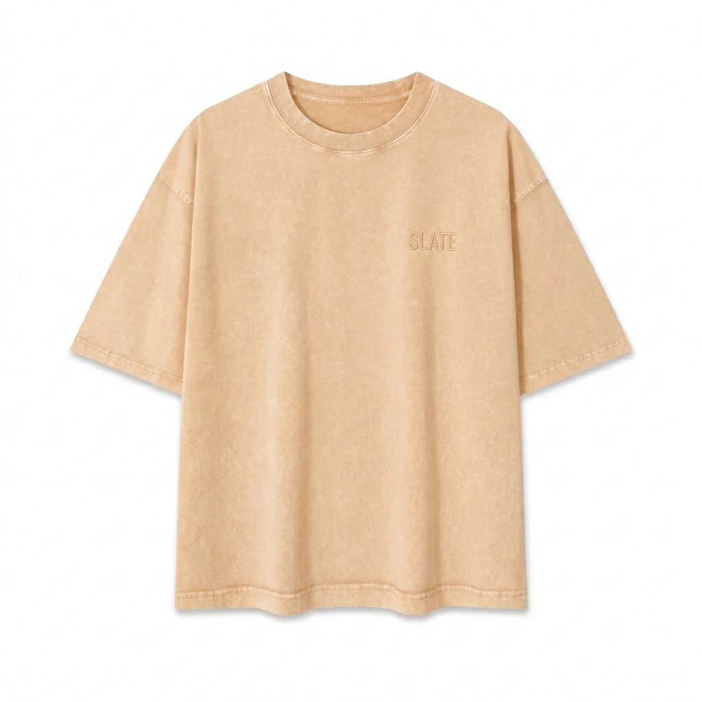 Custom Mineral Wash Boxy T-Shirt design direction 1: Tonal Minimalist Wordmark featuring the SLATE wordmark