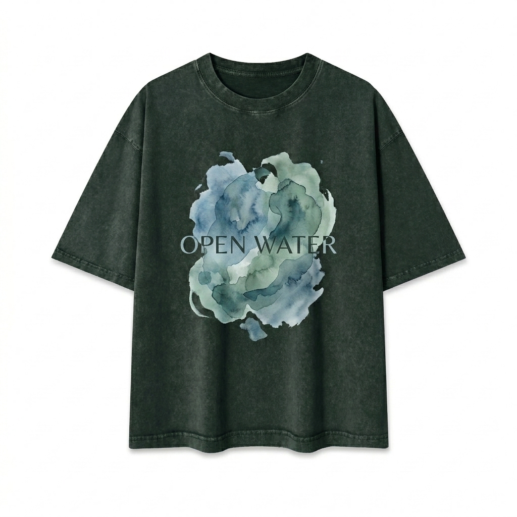 Custom Mineral Wash Boxy T-Shirt design direction 2: Bold Abstract Graphic featuring the OPEN WATER wordmark