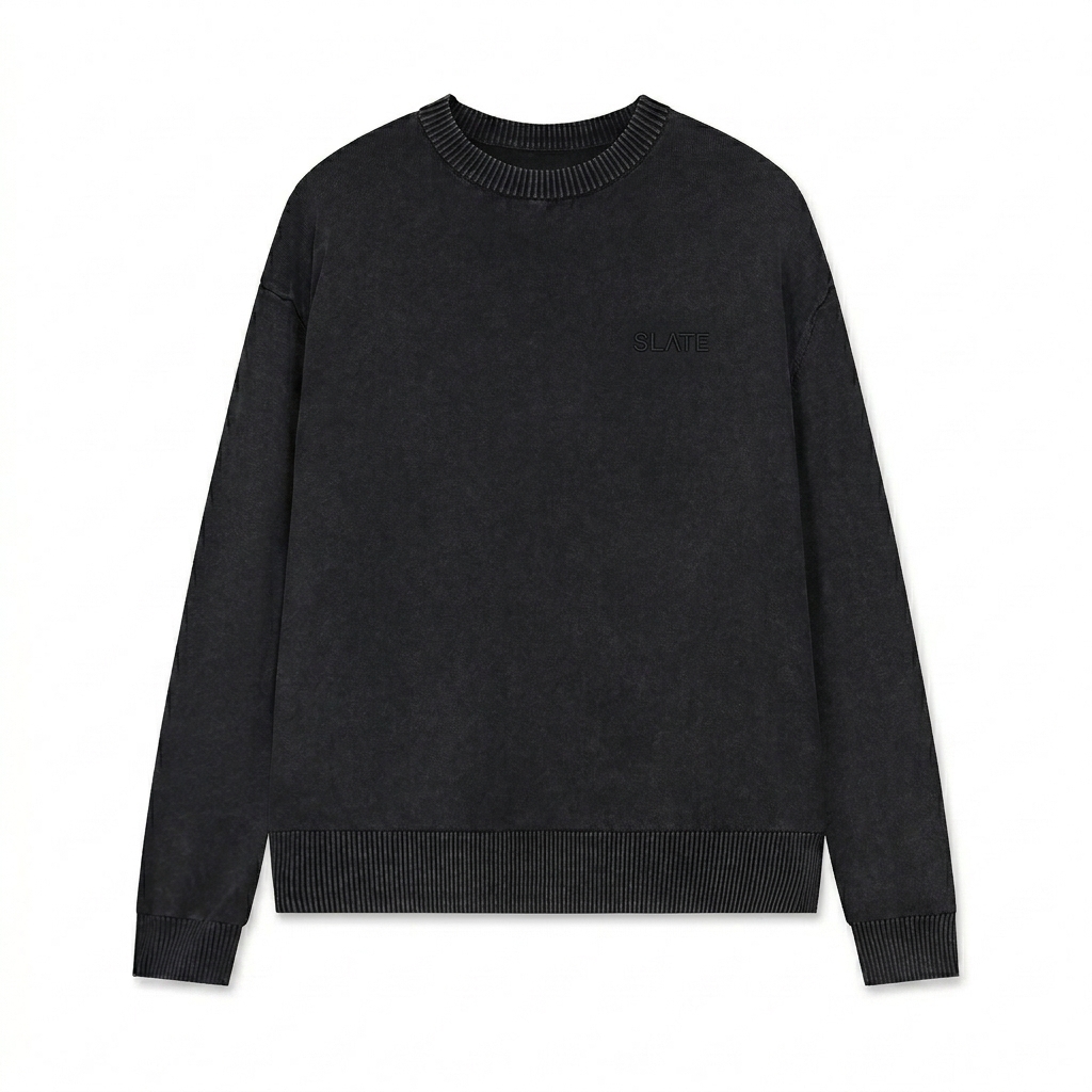 Custom Mineral Wash Oversized Crewneck design direction 1: Subtle Tonal Branding featuring the SLATE wordmark
