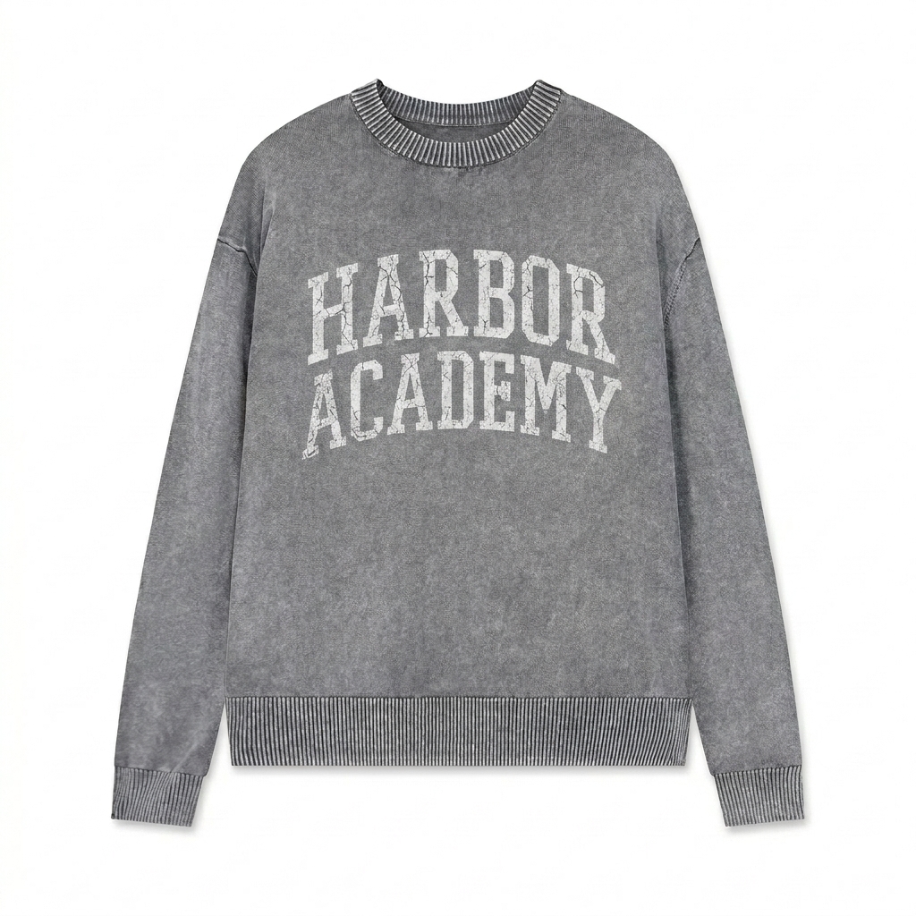 Custom Mineral Wash Oversized Crewneck design direction 3: Vintage Collegiate Text featuring the HARBOR ACADEMY wordmark