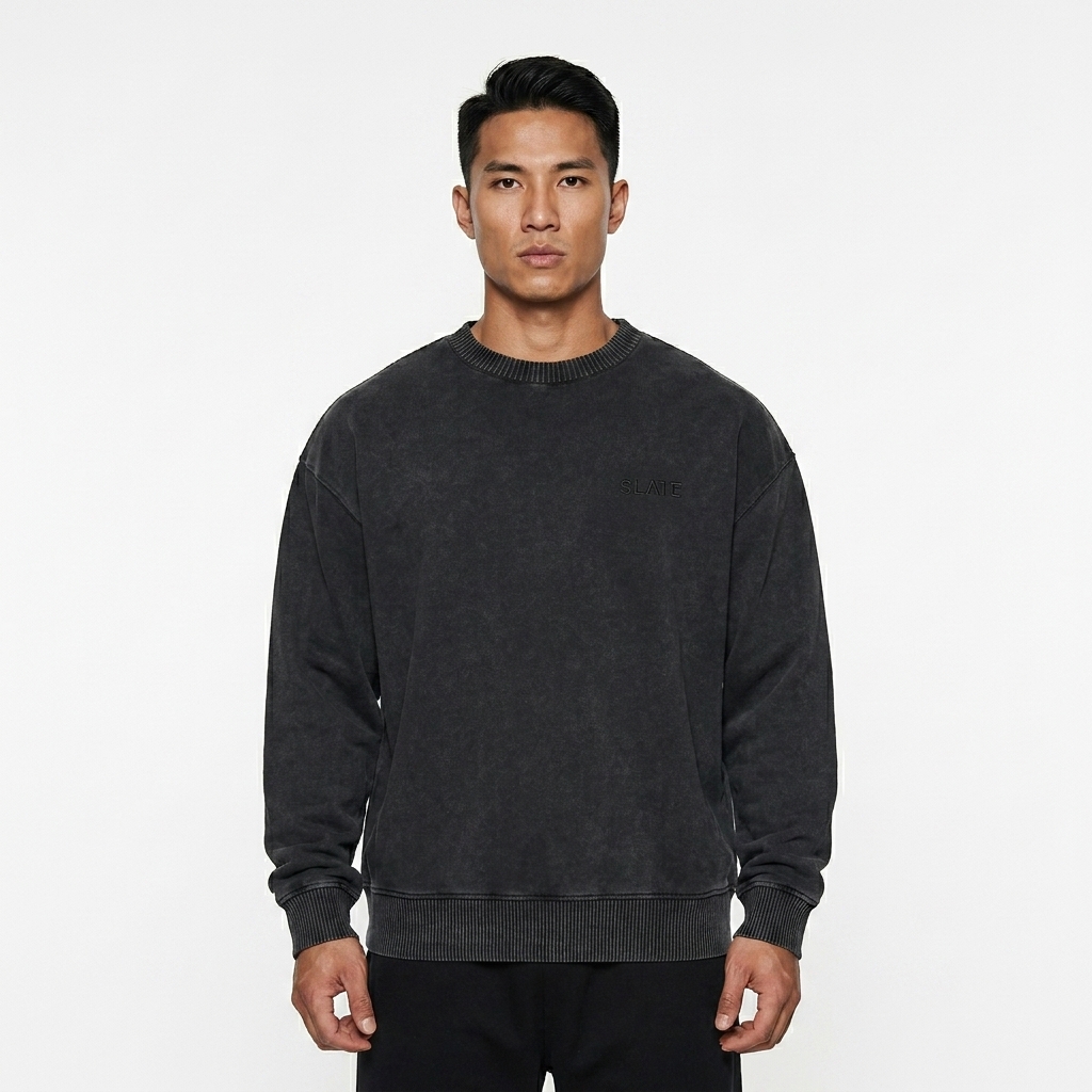 Mineral Wash Oversized Crewneck worn by a athletic muscular Vietnamese male fashion influencer, downtown streetwear styling, studio lookbook — custom mineral wash oversized crewneck