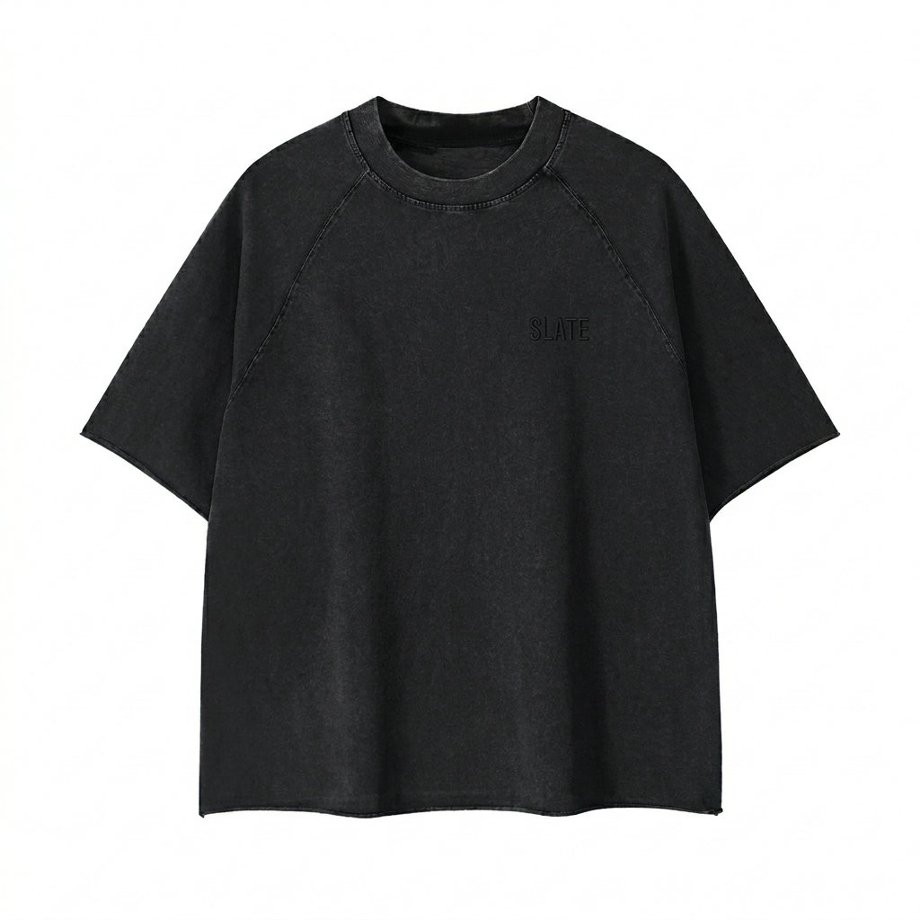Custom Unisex Mineral Wash Raw Edge T-Shirt design direction 1: Tonal Minimalist Wordmark featuring the SLATE wordmark