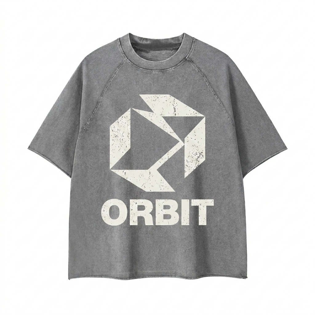 Custom Unisex Mineral Wash Raw Edge T-Shirt design direction 2: Bold Abstract Graphic featuring the ORBIT wordmark