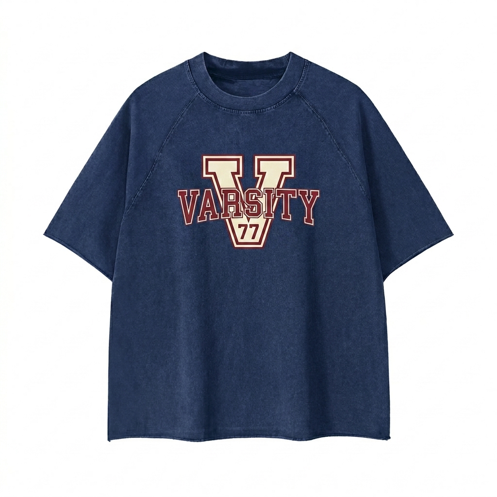 Custom Unisex Mineral Wash Raw Edge T-Shirt design direction 3: Retro Collegiate Emblem featuring the VARSITY 77 wordmark
