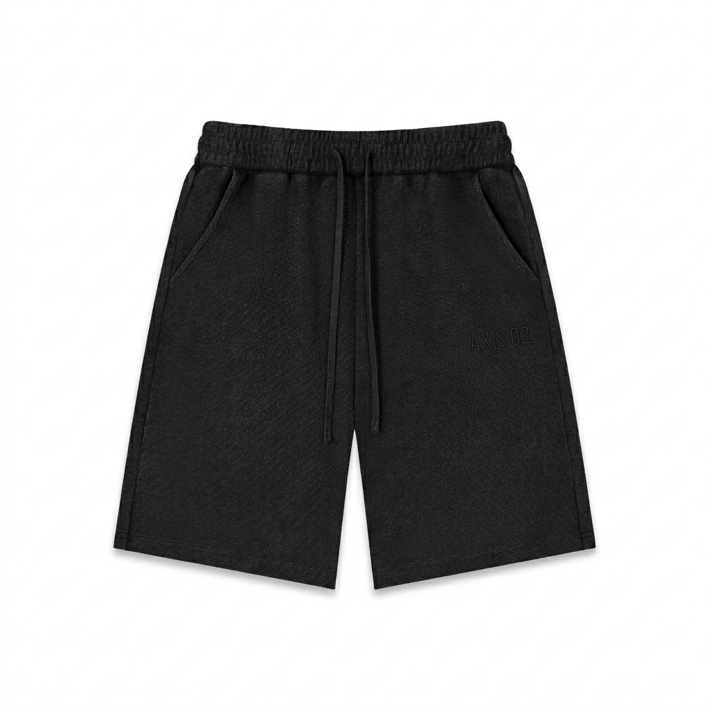Custom Mineral Wash Waffle Knit Shorts design direction 1: Tonal Minimalist Wordmark featuring the AXIS 02 wordmark