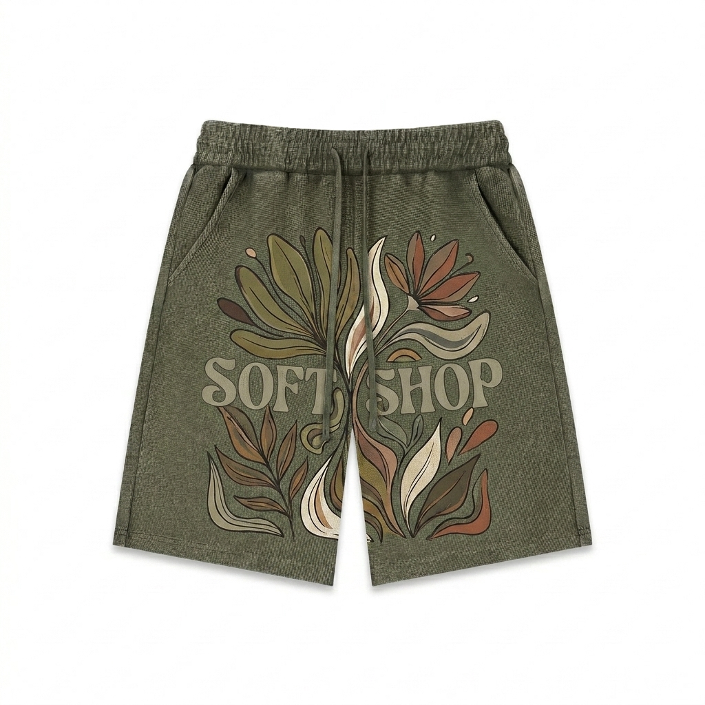 Custom Mineral Wash Waffle Knit Shorts design direction 2: Bold Graphic Illustration featuring the SOFT SHOP wordmark