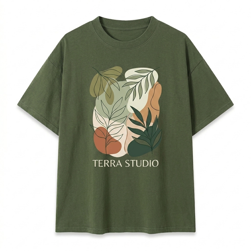 Custom Mineral Wash Waffle Knit T-Shirt design direction 2: Botanical Line Art featuring the TERRA STUDIO wordmark