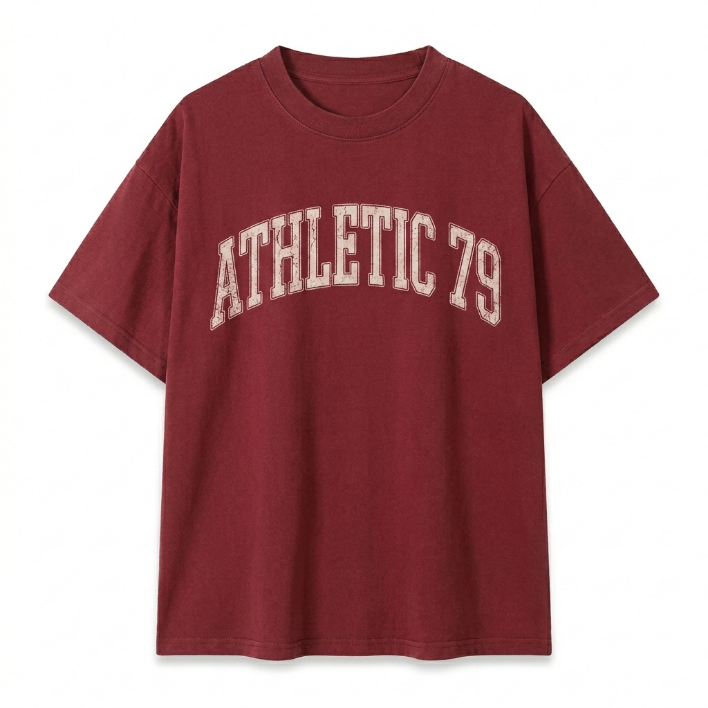 Custom Mineral Wash Waffle Knit T-Shirt design direction 3: Varsity Arch Text featuring the ATHLETIC 79 wordmark