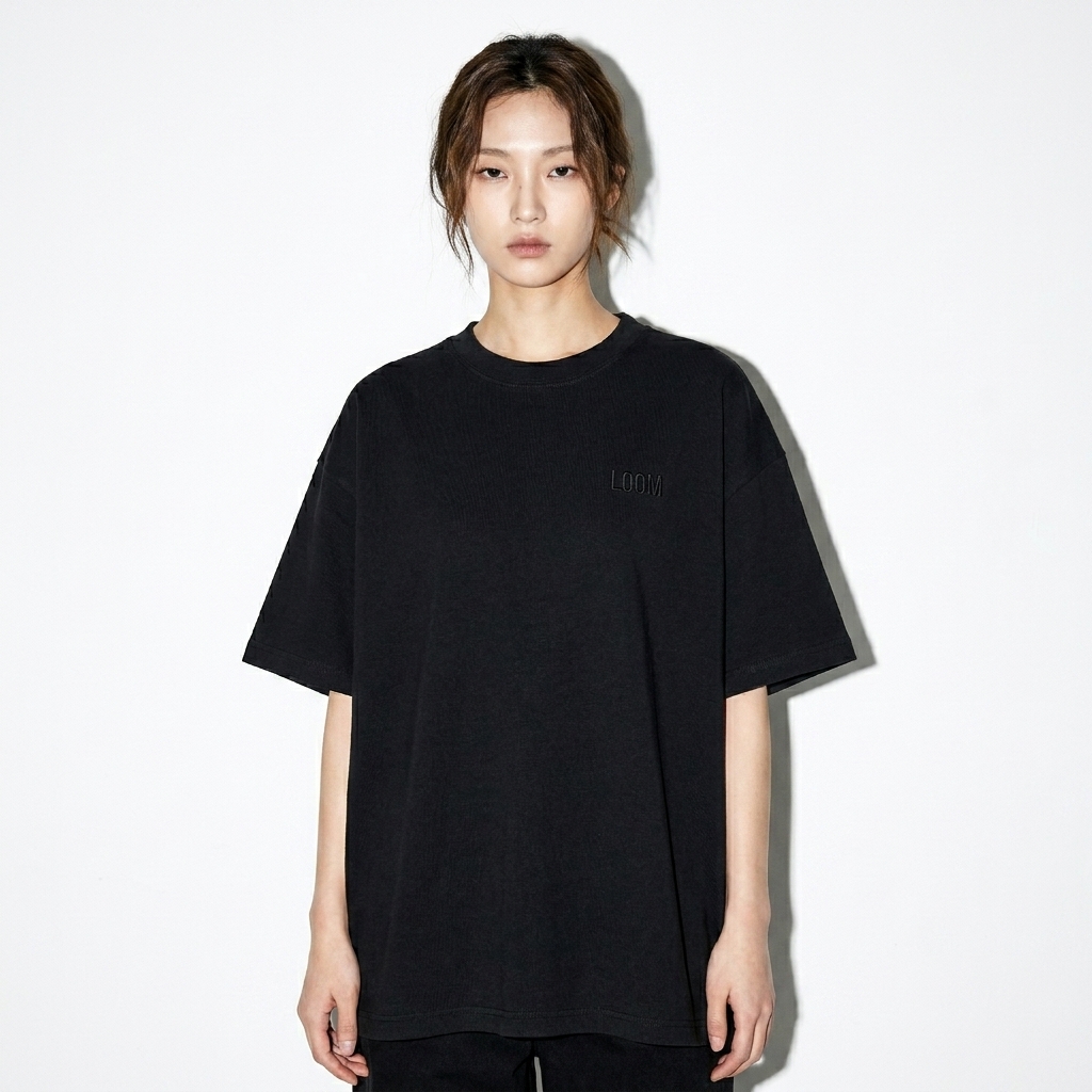 Mineral Wash Waffle Knit T-Shirt worn by a slim tall Korean female fashion influencer, clean-girl minimal styling, studio lookbook — custom mineral wash waffle knit t-shirt