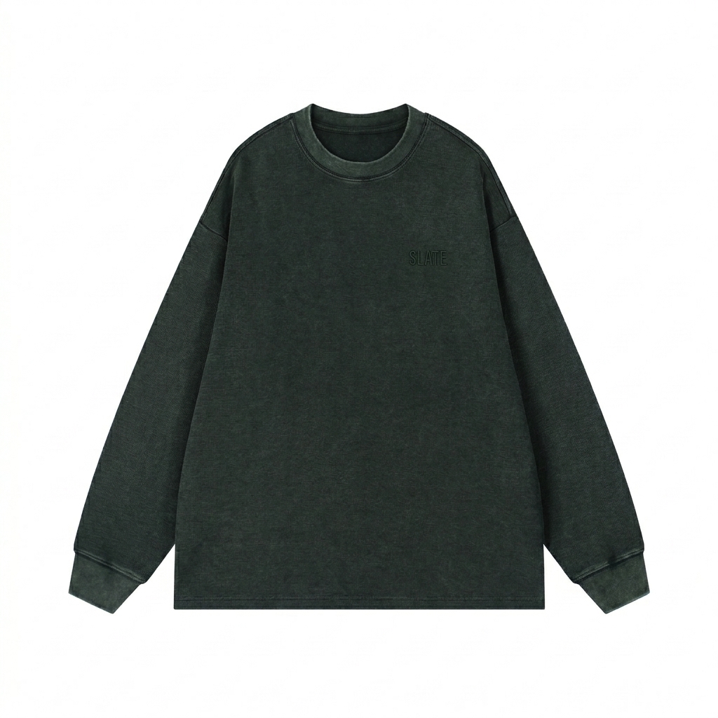 Custom Mineral Wash Waffle Oversized T-Shirt design direction 1: Tonal Waffle Wordmark featuring the SLATE wordmark