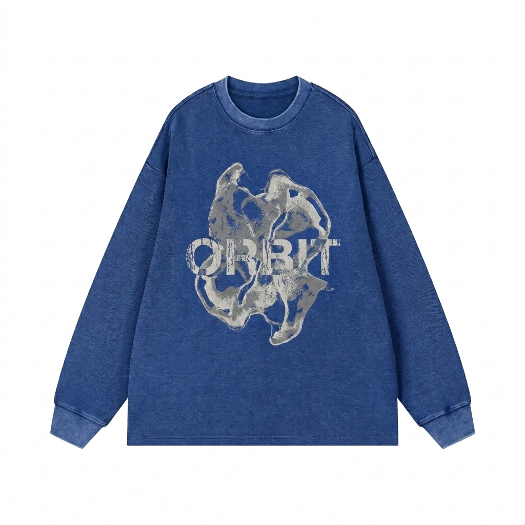 Custom Mineral Wash Waffle Oversized T-Shirt design direction 2: Bold Abstract Graphic featuring the ORBIT wordmark