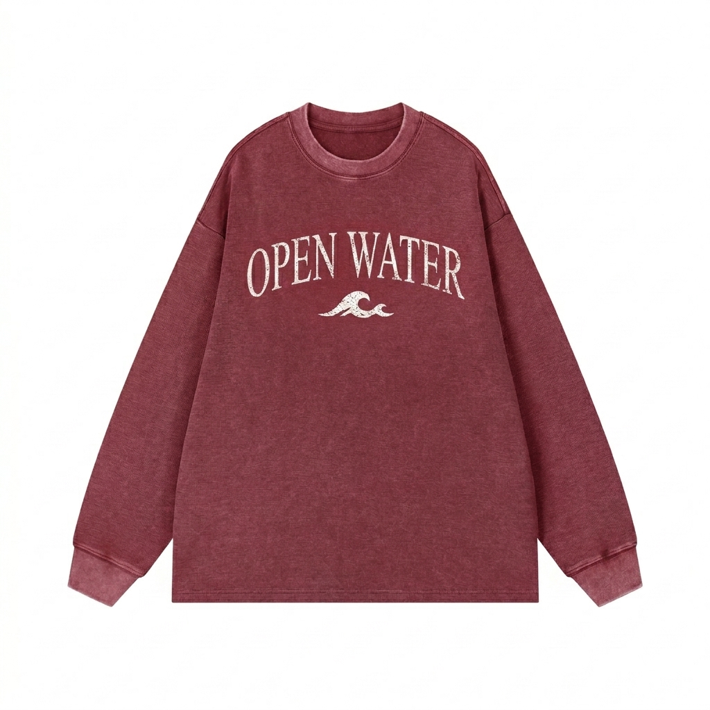 Custom Mineral Wash Waffle Oversized T-Shirt design direction 3: Retro Collegiate Emblem featuring the OPEN WATER wordmark