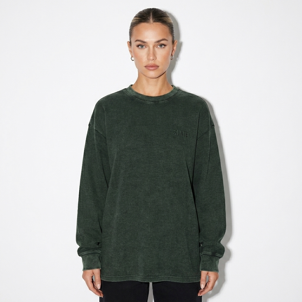 Mineral Wash Waffle Oversized T-Shirt worn by a toned White American female fashion influencer, editorial avant-garde styling, studio lookbook — custom mineral wash waffle oversized t-shirt